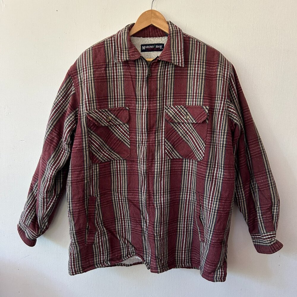 Marino Bay Natural Flannel Shacket Coat Large Red Sherpa Lined Grunge Warm